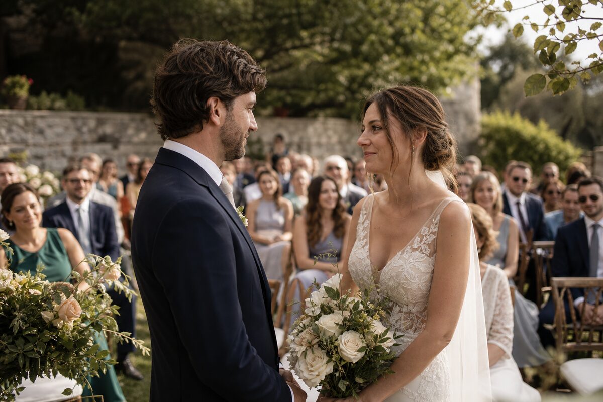 Bride holding a white bouquet and facing the groom during an outdoor garden ceremony with seated guests behind them.
