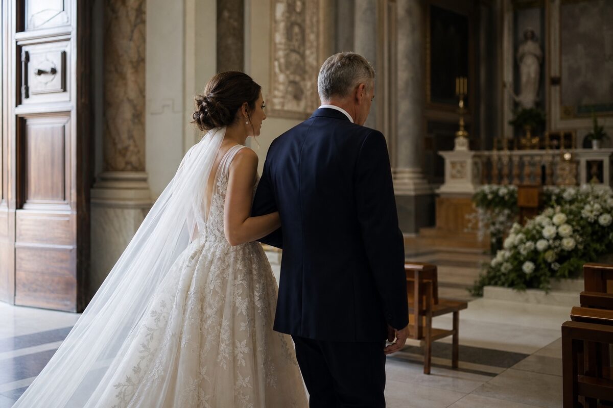 Bride in a lace gown walking beside her father toward the altar inside a decorated church.