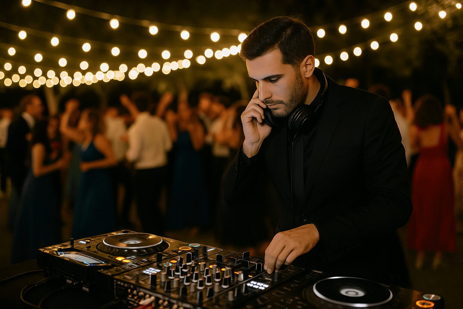 Professional wedding DJ mixing during an outdoor party in Italy