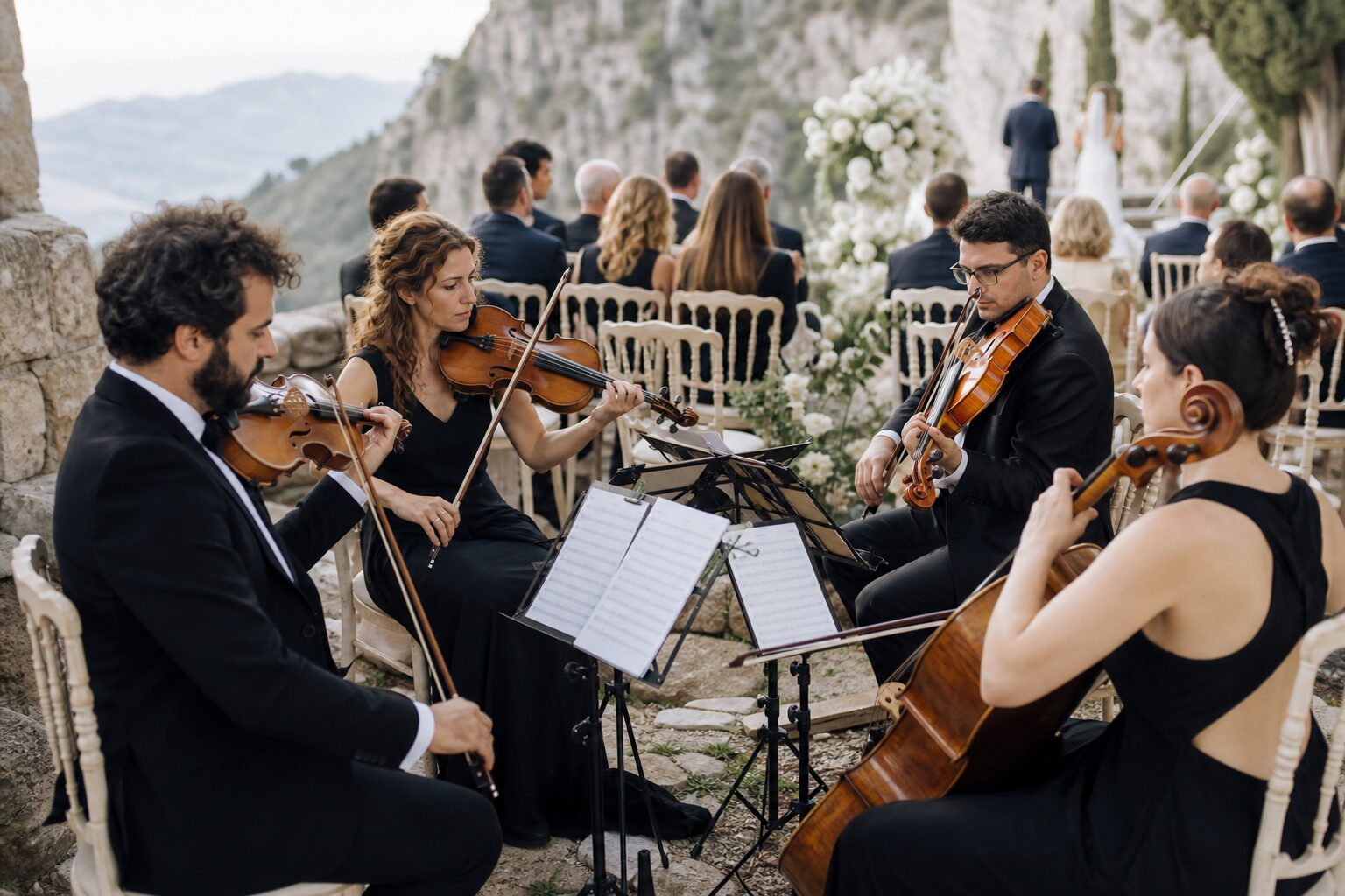 Four seated string musicians perform with music stands as an outdoor ceremony continues behind them.