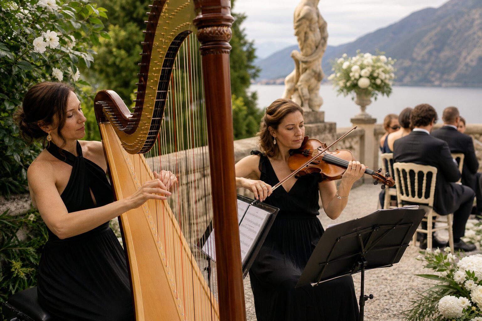 Harpist and violinist playing beside seated guests on a terrace overlooking water and mountains.