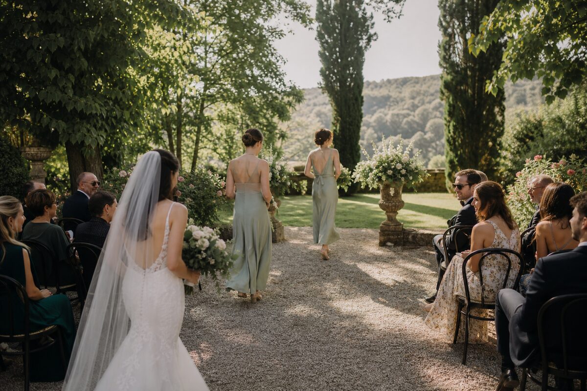 Bride follows two bridesmaids along a short gravel aisle at an intimate garden ceremony with seated guests.