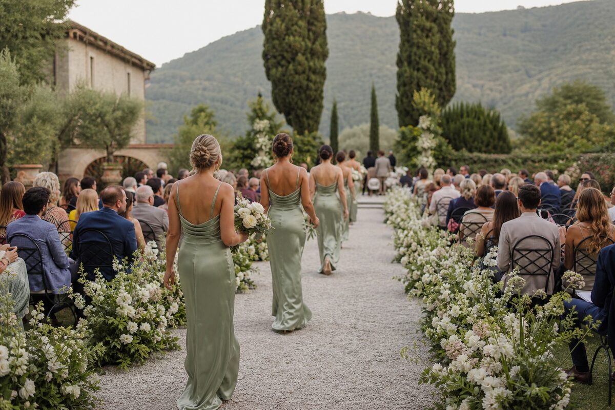 Several bridesmaids in pale green dresses walking along a long outdoor aisle between seated guests and white flowers.