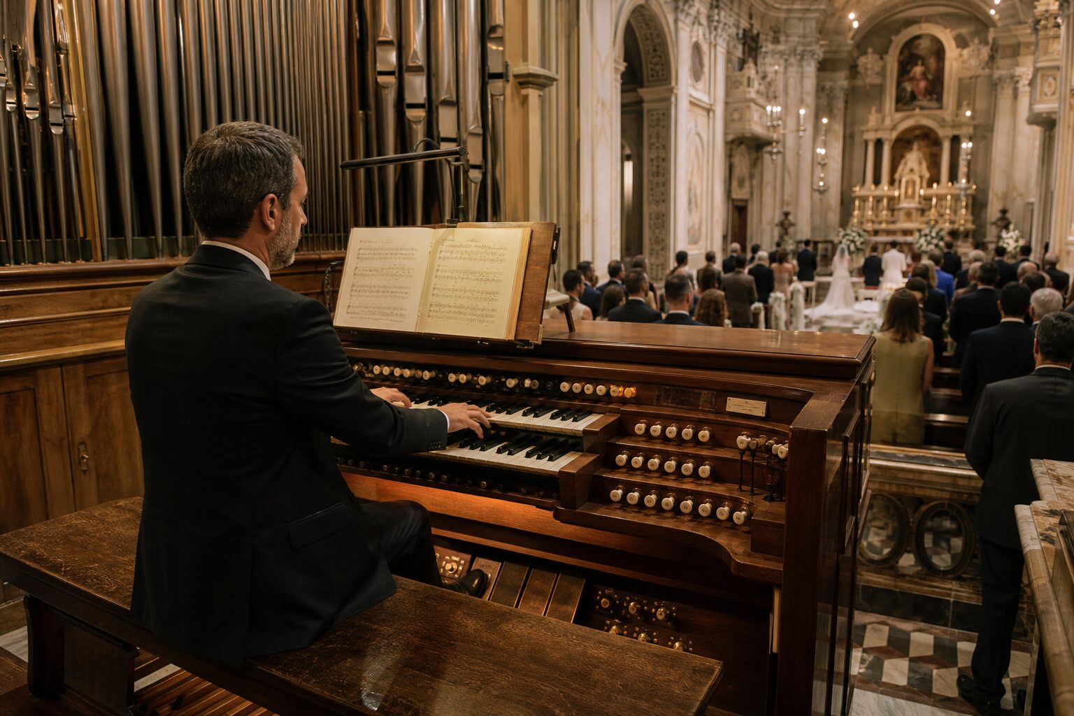 Organist playing a pipe organ while wedding guests sit in the church nave below.