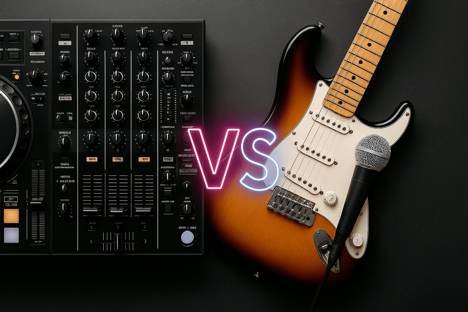 Wedding DJ vs live band in Italy - Editorial cover image showing a DJ on one side and a live wedding band on the other, symbolizing the choice between DJ and live music for weddings in Italy